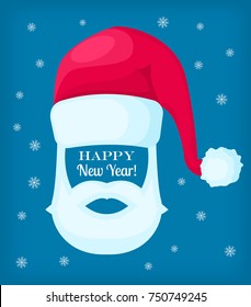 Happy New Year Santa Claus moustache, white beard and cap on blue background with snowflakes. Vector editable illustration with cartoon Christmas elements for festive design. Add your face