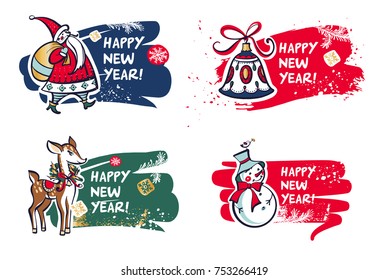 Happy new year. Santa claus, bell, snowflake, deer with color spot. Sketch vector illustration.