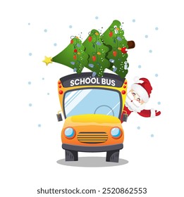 happy new year , santa  in schoolbus with christmas tree, festive celebrate