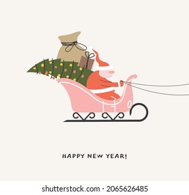 Happy New Year with Santa sleigh and gifts. Greeting card for Christmas. Hand draw vector illustration