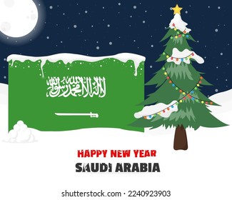 Happy new year in Saudi Arabia with Christmas tree and snow, banner or content design idea, Saudi Arabia flag with pine tree, new year celebration idea, sky with full moon and stars, vector design