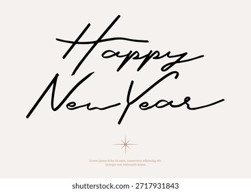 Feliz Ano Novo Script Lettering Vetor. Design de tipografia de caligrafia mínima elegante para o cartão de saudação, cartaz, banner e celebração de feriado.