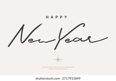 Happy New Year Script Lettering Vector. Elegant Minimal Calligraphy Typography Design for Greeting Card, Poster, Banner and Holiday Celebration.