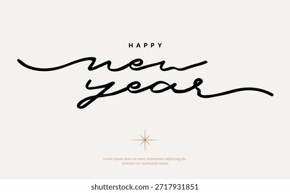 Happy New Year Script Lettering Vector. Elegant Minimal Calligraphy Typography Design for Greeting Card, Poster, Banner and Holiday Celebration.