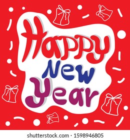 Happy New Year script Red on white with blue, purple and streaks in a gift box