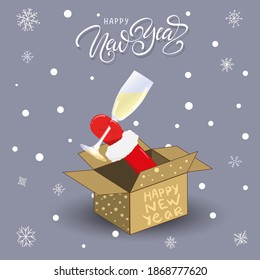 Happy New Year. Script text hand lettering with Santa Claus. Christmas decoration. Celebrate party. Xmas Poster, banner, cover card, brochure, flyer, layout design. Vector