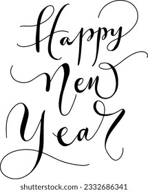 Letras de mano del guión de Año Nuevo Feliz. Plantilla de diseño Cartel de tipografía de celebración, cartel o tarjeta de saludo para Feliz Navidad y feliz año nuevo. Ilustración vectorial. Manejo elegante.