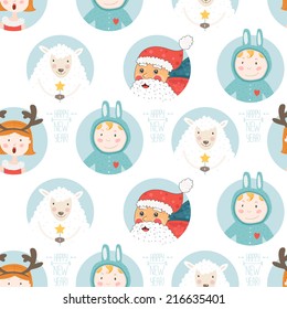 Happy new year seamless background with santa, children and sheep. Vector cristmas pattern with cute people and animals.