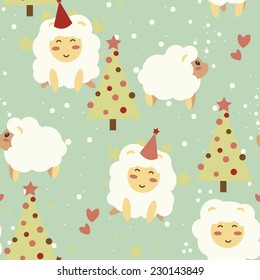 Happy new year seamless background, party sheeps and xmas trees, vector illustration