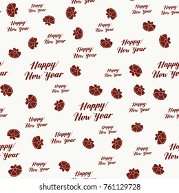 Happy New Year Seamless Hand Drawn Pattern with Lettering and Bells . Red Vector Illustration on White Background. Handwritten Inscription Backdrop for NY, Christmas Holiday Design, Sale, Invitation.