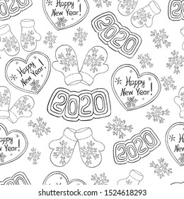 Happy New Year seamless monochrome pattern, 2020. Hand lettering, heart, mittens, snowflakes. For design, packaging, background. Doodle.