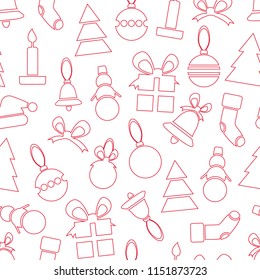 Happy New Year seamless pattern on white background. Outlined red vector illustrations of winter attributes like snowman, Christmas balls and bells, candle, bow and gifts.