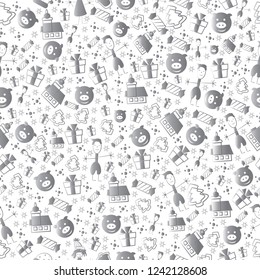 Happy New Year seamless pattern with   present, sweets and little boy. Winter holiday backgrounds for design. Vector illustration