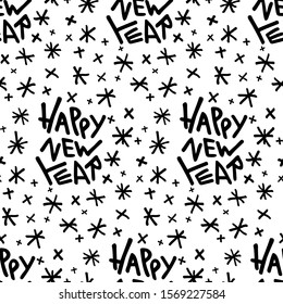 Happy New Year - seamless pattern with hand-written modern lettering quote and doodle snowflakes.  isolated on white backgorund. Use it for backdrop, wrapping paper, textile design