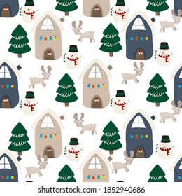 Happy New Year Seamless Pattern with House and deer and Christmas tree.