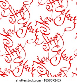 Happy New Year seamless pattern with ornate lettering calligraphy phrase on beige background. Can be used for Merry Christmas design, gift package, holiday wrapping paper, textile.
