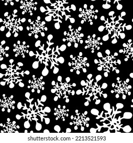Happy new year seamless pattern with white silhouettes of large snowflakes on black. Greeting card, gift packaging., wrapping paper. Funny scrabble style collection for happy new year. 