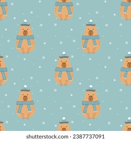 Happy new year seamless pattern. Cute cartoon capybara with hat and scarf