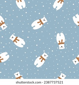 Happy new year seamless pattern. Cute cartoon white bear with scarf