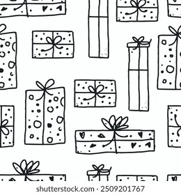 Feliz año nuevo. Patrón sin fisuras de lindos regalos de contorno. Plantilla para las cubiertas del cuaderno, modelo para los Fondos de pantalla, materia textil, papel de embalaje etc. Ilustración vectorial Doodle. Estilo de arte infantil.