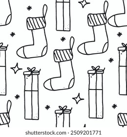 Happy new year. Seamless pattern of cute outline christmas stocking. Template for Notebook covers, for wallpapers, textile, wrapping paper. Doodle vector  illustration. Childish naive art style