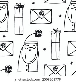 Happy new year. Seamless pattern of cute outline santa claus. Template for Notebook covers, pattern for wallpapers, textile, wrapping paper. Doodle vector  illustration. Childish naive art style