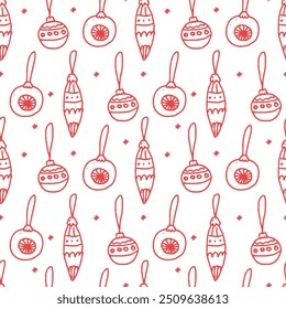 Happy new year. Seamless pattern of cute outline christmas balls. Template for Notebook covers, pattern for wallpapers, textile, wrapping paper. Doodle vector illustration. Childish naive art style