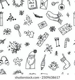 Happy new year. Seamless pattern of outline сhristmas decorations. Template for Notebook covers, pattern for wallpapers, textile, wrapping paper. Doodle vector illustration. Childish naive art style