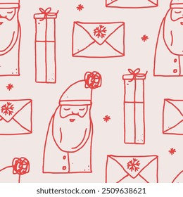 Happy new year. Seamless pattern of cute outline santa claus. Template for Notebook covers, pattern for wallpapers, textile, wrapping paper. Doodle vector illustration. Childish naive art style