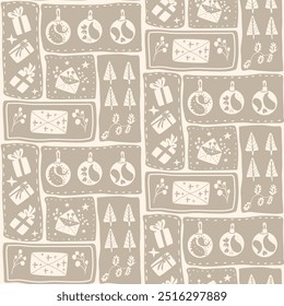 Feliz Ano Novo sem costura padrão. Bento box férias temporada repetir fundo. Bolhas de Natal em formas geométricas design interminável. Ilustração plana desenhada à mão do vetor.