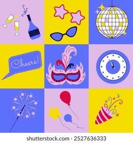 Feliz año nuevo sin patrón. Diseño retro cuadrado geométrico con Elementos de fiesta de año nuevo. Ilustración vectorial decorativa. Vacaciones de invierno. Patrón moderno de moda en swatches.