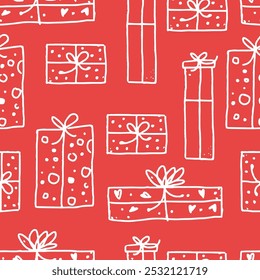 Happy new year. Seamless pattern of cute outline gifts. Template for Notebook covers, pattern for wallpapers, textile, wrapping paper etc. Doodle naive vector illustration for any holiday.
