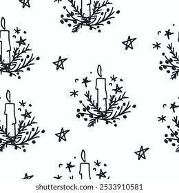 Happy new year. Seamless pattern of outline сhristmas elements: Christmas boughs, a candle, a star. Template for Notebook covers, pattern for wallpapers, textile, wrapping paper. Doodle vector pattern
