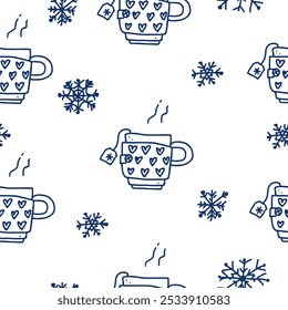 Happy new year. Seamless pattern of outline сhristmas elements: hot beverage mug, snowflakes. Template for Notebook covers, pattern for wallpapers, textile, wrapping paper. Doodle vector illustration.