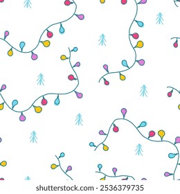 Happy new year. Seamless pattern of сhristmas elements: Christmas tree garland. Template for Notebook covers, pattern for wallpapers, textile, wrapping paper. Doodle vector pattern