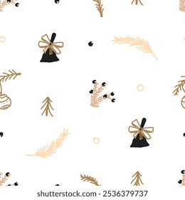 Feliz ano novo. Padrão contínuo de elementos de сNatal: ramos, sino, brinquedos de Natal. Modelo para capas de notebook, padrão para papéis de parede, têxteis, papel de embrulho. Padrão de vetor de rabiscar