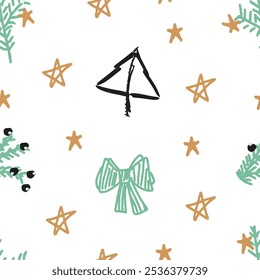 Happy new year. Seamless pattern of сhristmas elements: Christmas tree, bow, branches, stars. Template for Notebook covers, pattern for wallpapers, textile, wrapping paper. Doodle vector pattern