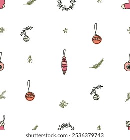 Feliz año nuevo. Patrón sin fisuras de сElementos de Navidad: juguetes de Navidades. Plantilla para las cubiertas del cuaderno, modelo para los Fondos de pantalla, materia textil, papel de embalaje. Patrón de Vector Doodle