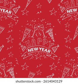 Happy New Year seamless pattern. Hand drawn doodle vector illustration.