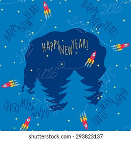 Happy New Year seamless pattern  - cheerful red rocket flying over trees, the trace of this inscription form 2016. image includes an inscription happy new year
