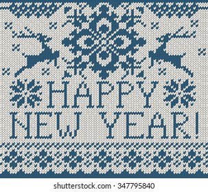 Happy New Year seamless pattern. Scandinavian style knitted seamless pattern with deer and snowflakes. Sweater with deers.
