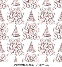 Happy New Year. Seamless pattern with the inscription and Christmas tree for wrapping paper, wallpaper, web page backgrounds and other items.