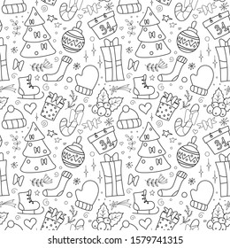 Happy new year seamless vector pattern. For design, wrapping paper and wallpaper. Black pattern christmas items. Vector illustration. Hand-Drawn. Flat design.