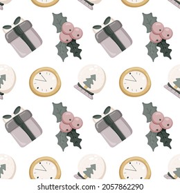 Happy new year seamless vector pattern. Pattern christmas items. Gift, watch, glass ball, holly. For design, wrapping paper and wallpaper. Vector illustration. Hand-Drawn.