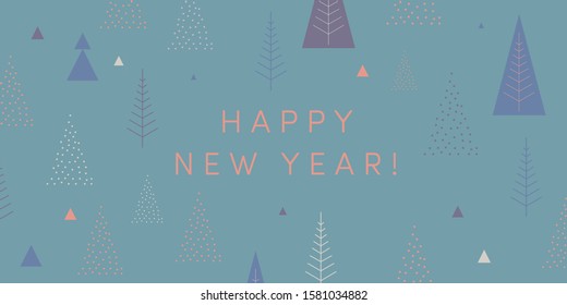 Happy New Year! Season's greetings card. Cool geometric style trendy  minimalist design. Christmas trees, snowflakes, light blue color block background. Festive greeting card stylish retail web banner