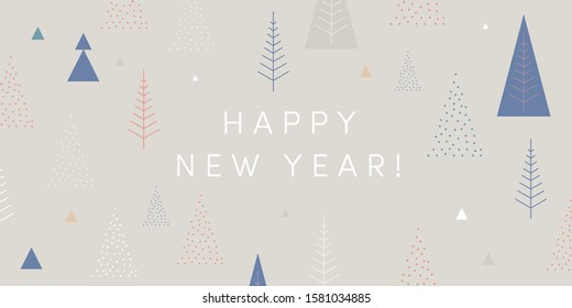 Happy New Year! Season's greetings card. Cool geometric style, trendy  minimalist design. Christmas trees, snowflakes, light gray color block background. Festive greeting card, stylish retail banner