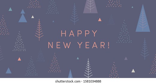 Happy New Year! Season's greetings card. Cool geometric style, trendy  minimalist design. Christmas trees, snowflakes, navy blue color block background. Festive greeting card stylish retail web banner