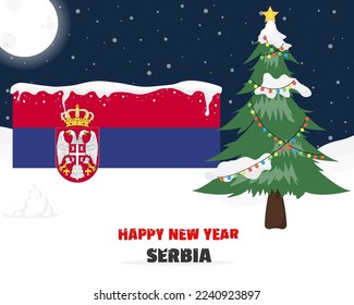 Happy new year in Serbia with Christmas tree and snow, banner or content design idea, Serbia flag with pine tree, new year celebration idea, sky with full moon and stars, vector design