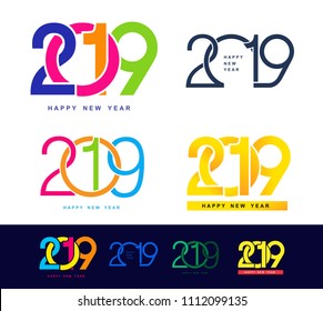 Happy New Year. Set of 2019 colorful text design pattern. Vector illustration. Isolated on white background