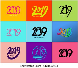 Happy New Year. Set of 2019 text design pattern. Vector illustration. Isolated on colorful background